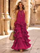 Chiffon A Line Halter Long Cocktail Dresses with Tiered