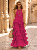 Chiffon A Line Halter Long Cocktail Dresses with Tiered