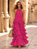 Chiffon A Line Halter Long Cocktail Dresses with Tiered