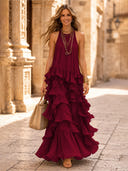 Chiffon A Line Halter Long Cocktail Dresses with Tiered