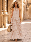Chiffon A Line Halter Long Cocktail Dresses with Tiered
