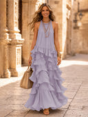 Chiffon A Line Halter Long Cocktail Dresses with Tiered