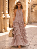 Chiffon A Line Halter Long Cocktail Dresses with Tiered