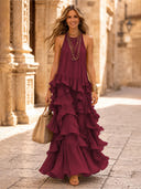 Chiffon A Line Halter Long Cocktail Dresses with Tiered