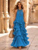 Chiffon A Line Halter Long Cocktail Dresses with Tiered