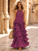 Chiffon A Line Halter Long Cocktail Dresses with Tiered