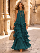 Chiffon A Line Halter Long Cocktail Dresses with Tiered