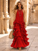 Chiffon A Line Halter Long Cocktail Dresses with Tiered