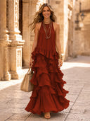 Chiffon A Line Halter Long Cocktail Dresses with Tiered