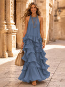 Chiffon A Line Halter Long Cocktail Dresses with Tiered
