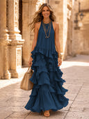 Chiffon A Line Halter Long Cocktail Dresses with Tiered