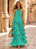 Chiffon A Line Halter Long Cocktail Dresses with Tiered