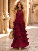Chiffon A Line Halter Long Cocktail Dresses with Tiered