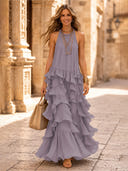 Chiffon A Line Halter Long Cocktail Dresses with Tiered