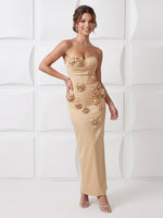 Satin Mermaid Strapless Sleeveless Long Cocktail Dresses with Flowers