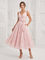Chiffon A Line V Neck Sleeveless Maxi Cocktail Dresses with Lace