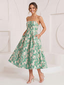 Jacquard A Line Strapless Long Cocktail Dresses with Pockets