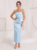 Satin Mermaid Spaghetti Straps Long Cocktail Dresses with Bow