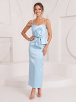 Satin Mermaid Spaghetti Straps Long Cocktail Dresses with Bow