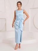 Satin Mermaid Boat Neck Long Cocktail Dresses with Bow