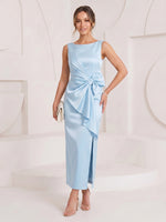 Satin Mermaid Boat Neck Long Cocktail Dresses with Bow