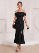 Lace Mermaid Off Shoulder Long Cocktail Dresses with Slit
