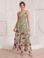 Embroidery A Line Spaghetti Straps Long Cocktail Dresses