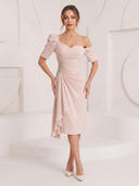 Satin Mermaid Short Sleeves Long Cocktail Dresses with Ruffles