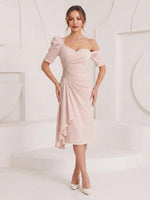 Satin Mermaid Short Sleeves Long Cocktail Dresses with Ruffles