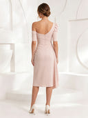 Satin Mermaid Short Sleeves Long Cocktail Dresses with Ruffles