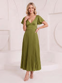 Satin A Line V Neck Short Sleeves Long Cocktail Dresses