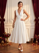 Satin A Line V Neck Sleeveless Long Cocktail Dresses