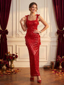 Sparkly Sequin Mermaid Square Neck Spaghetti Straps Long Cocktail Dresses