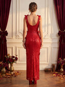 Sparkly Sequin Mermaid Square Neck Spaghetti Straps Long Cocktail Dresses