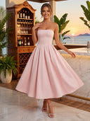 Satin A Line Strapless Sleeveless Long Cocktail Dresses