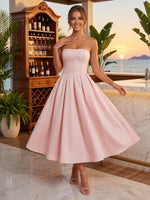 Satin A Line Strapless Sleeveless Long Cocktail Dresses