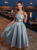 Satin A Line One Shoulder Long Cocktail Dresses with Lace