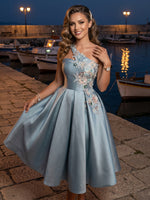 Satin A Line One Shoulder Long Cocktail Dresses with Lace