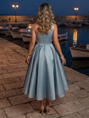 Satin A Line One Shoulder Long Cocktail Dresses with Lace
