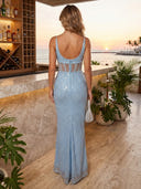 Sequin Mermaid Spaghetti Straps Long Cocktail Dresses with Corset