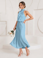 Satin Mermaid Halter Sleeveless Long Cocktail Dresses