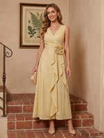 Chiffon A Line V Neck Sleeveless Long Cocktail Dresses with Flower