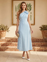 Satin Mermaid One Shoulder Long Cocktail Dresses with Lace