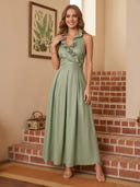 Satin A Line Halter Long Cocktail Dresses with Ruffles