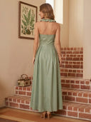 Satin A Line Halter Long Cocktail Dresses with Ruffles