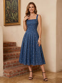 Satin A Line Square Neck Spaghetti Straps Long Cocktail Dresses