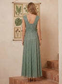 Sequin A Line V Neck Sleeveless Long Cocktail Dresses