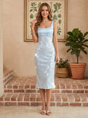 Sequin Mermaid Square Neck Spaghetti Straps Long Cocktail Dresses