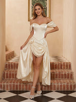 Satin A Line Off Shoulder Long Cocktail Dresses