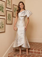 Satin Mermaid One Shoulder Long Cocktail Dresses with Bow